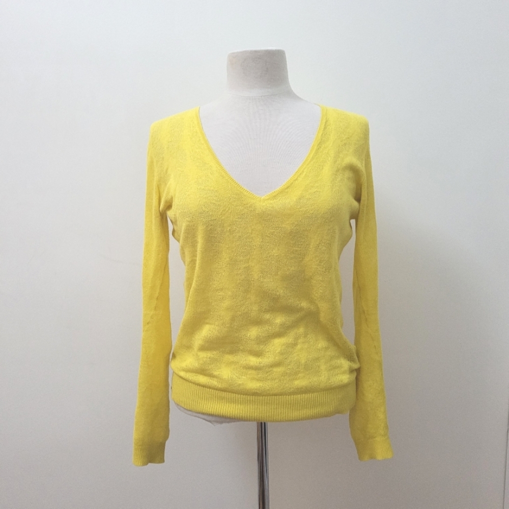 Y2K 90s CLUB MONACO Yellow V-Neck Slight Sheer Knit Cashmere Blend Sweater S